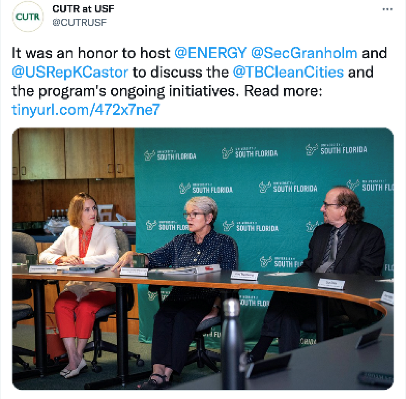 Center for Urban Transportation Research (CUTR): It was an honor to host @ENERGY @SecGranholm and @USRepKCastor to discuss the @TBCleanCities and the program's ongoing initiatives. Read more: http://tinyurl.com/472x7ne7