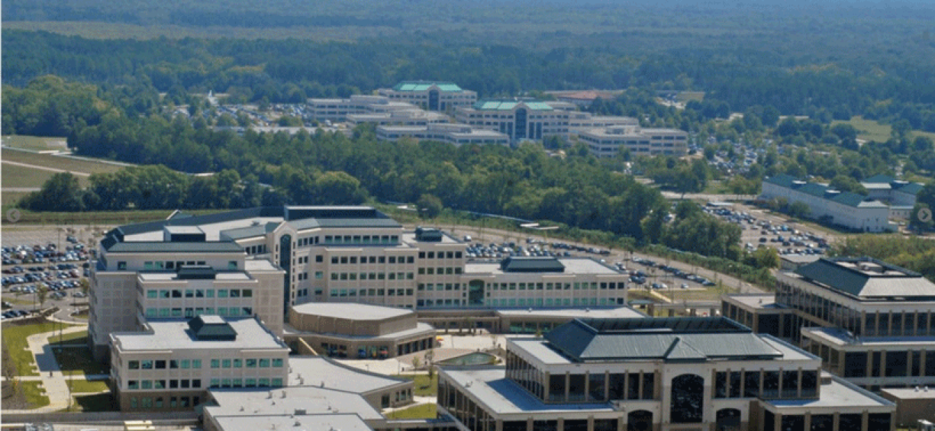 An aerial view of several buildings that make up the Redstone Arsenal U.S. Army Garrison.