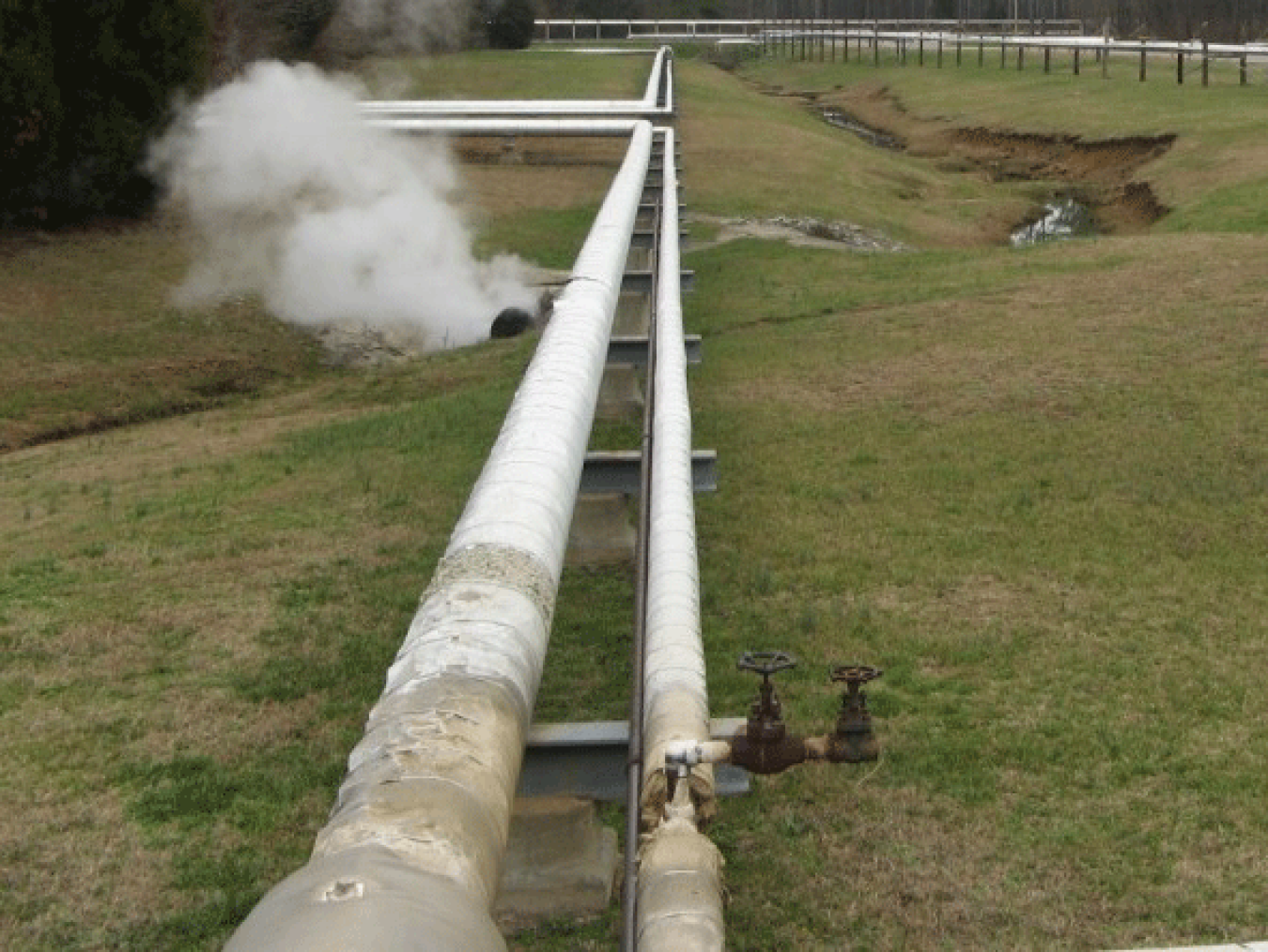 Large above-ground white pipes running across a large field.