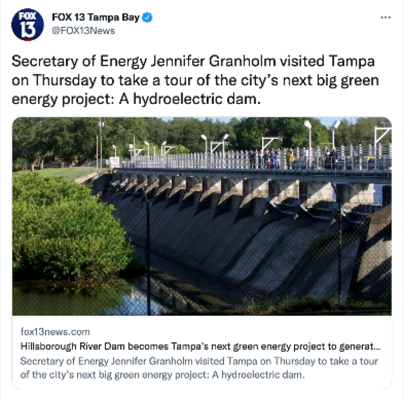 FOX 13 Tampa Bay: Secretary of Energy Jennifer Granholm visited Tampa on Thursday to take a tour of the city’s next big green energy project: A hydroelectric dam.