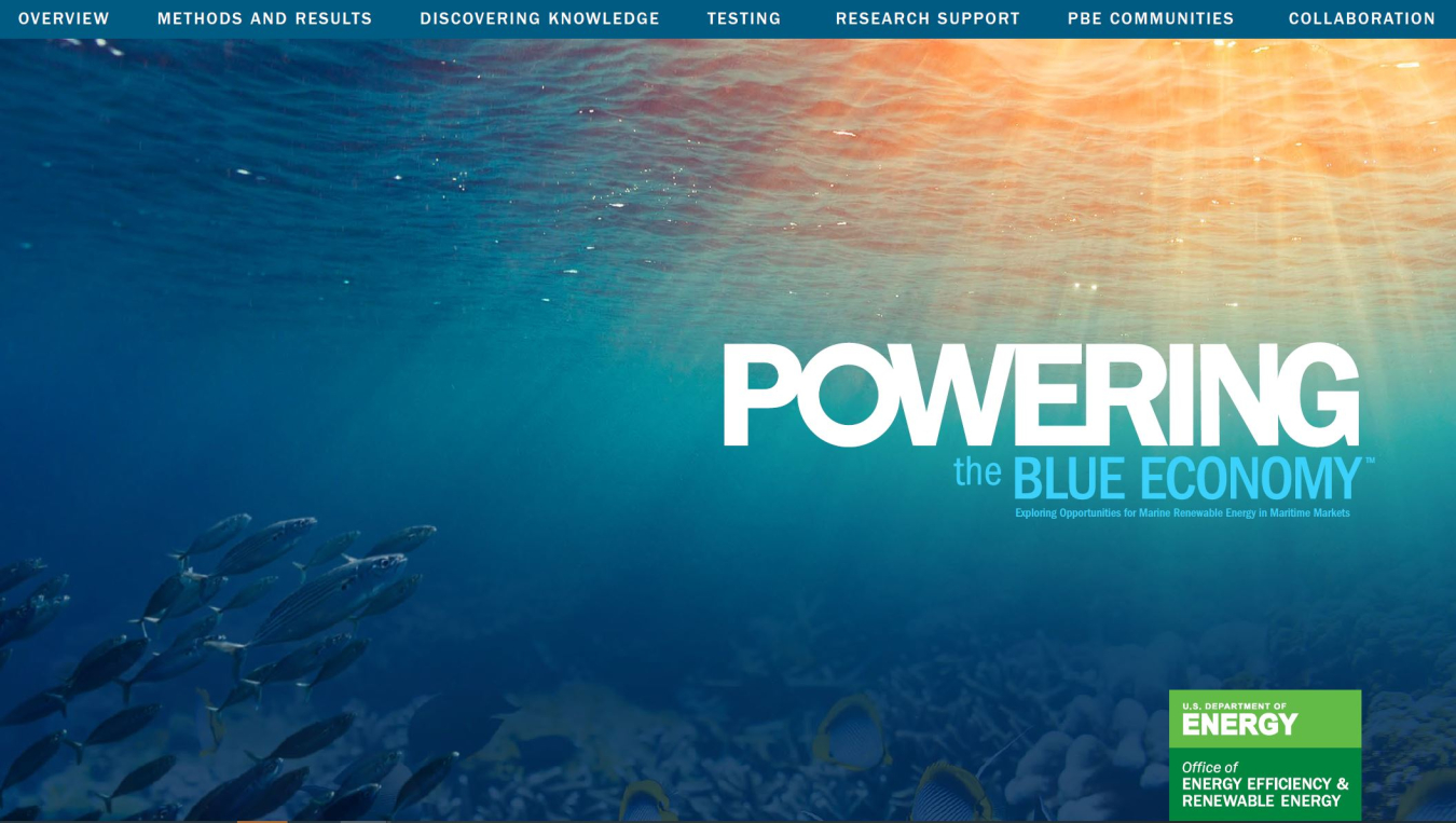 Sun streams underwater behind the title "Powering the Blue Economy: Exploring Opportunities for Marine Renewable Energy in Maritime Markets" and the U.S. Department of Energy Office of Energy Efficiency and Renewable Energy logo