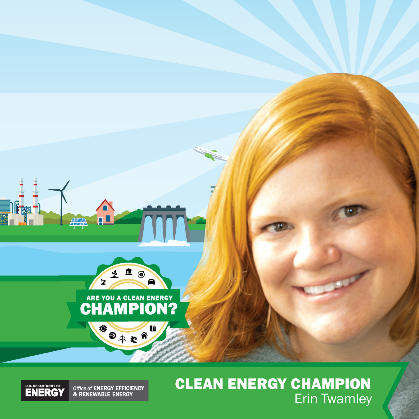 Clean Energy Champion banner featuring Erin Twamley.