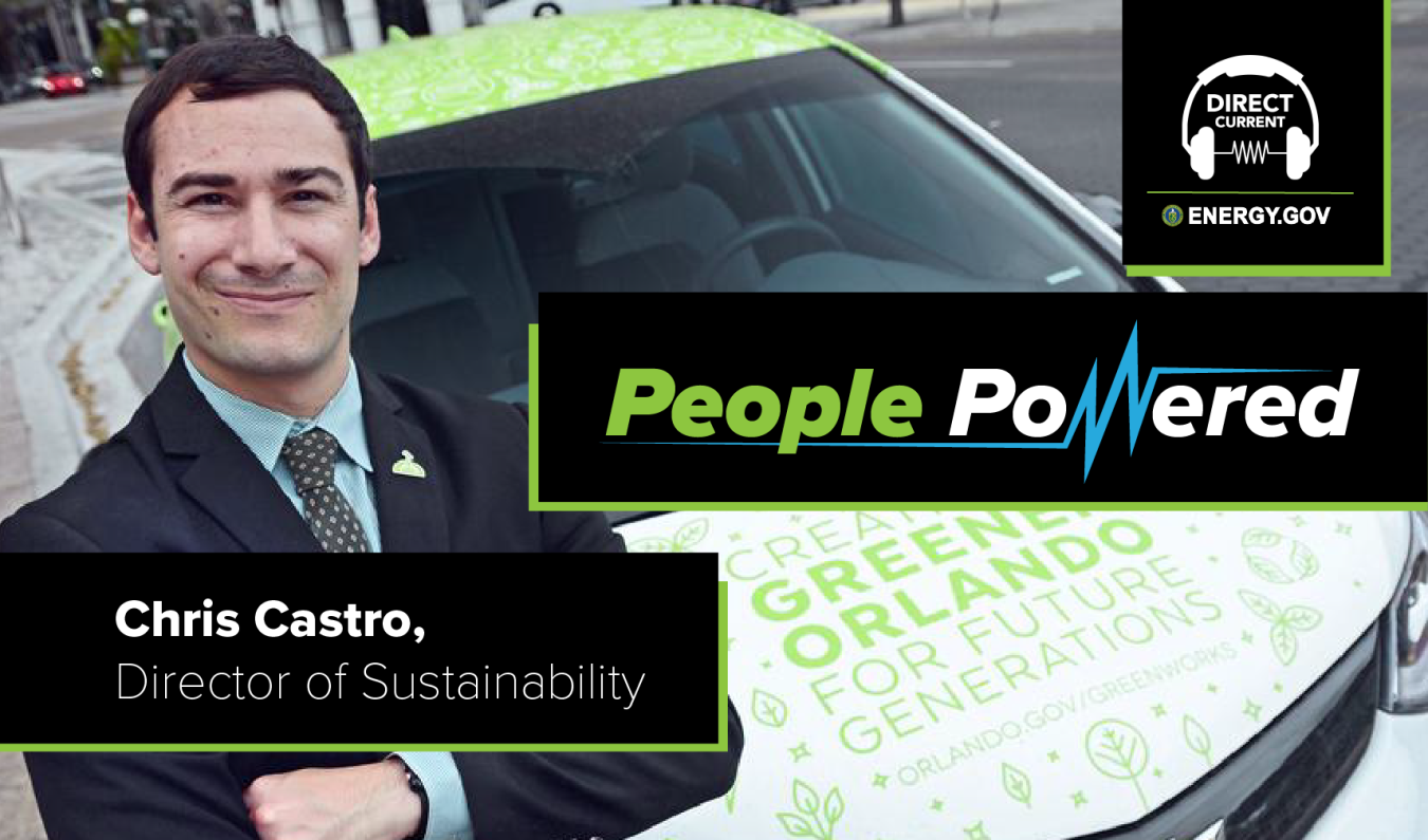 Cover art for Direct Current podcast episode "People Powered: Chris Castro, Director of Sustainability" featuring a photo of Chris in front of solar panels.