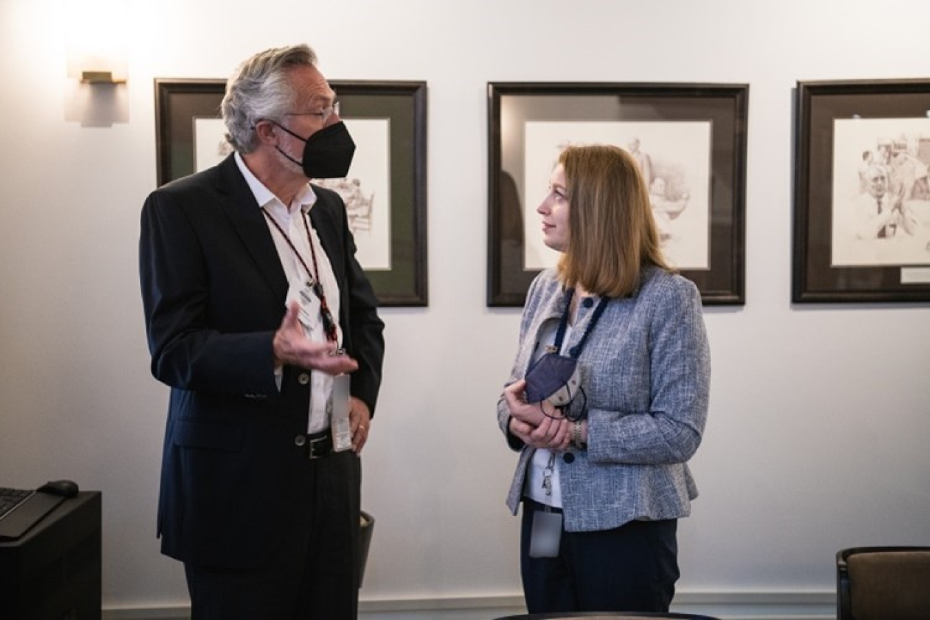 Corey Hinderstein, NNSA’s Deputy Administrator for Defense Nuclear Nonproliferation, chats with former LANL Director Charlie McMillian during a break.