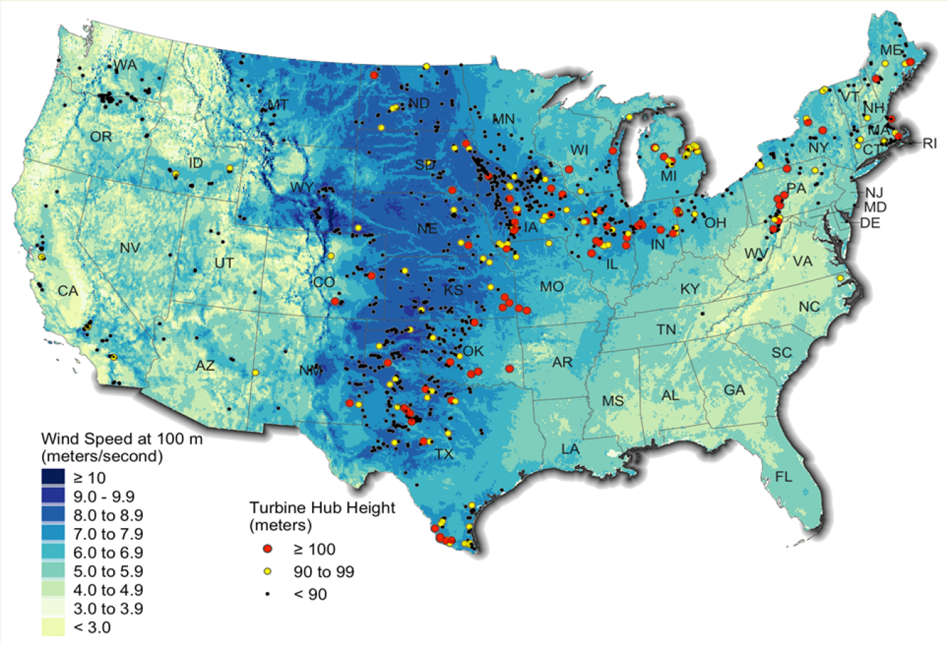 Location of tall-tower turbine installations from the Land-Based Wind Market Report: 2022 Edition.