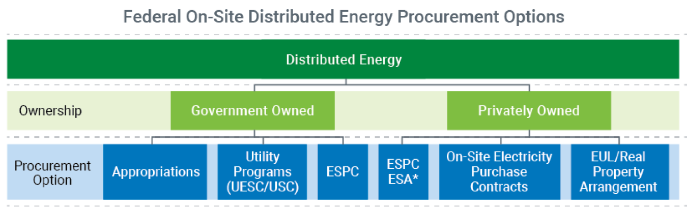 Distributed energy projects can be implemented through government-owned procurement options such as appropriations, utility programs, and energy savings performance contracts; or through privately owned procurement options such as energy savings performance contract energy sales agreements, power purchase agreements, and enhanced use lease or real property arrangements.