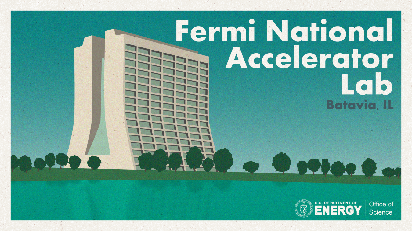 A postcard with an image of Fermi National Accelerator Laboratory