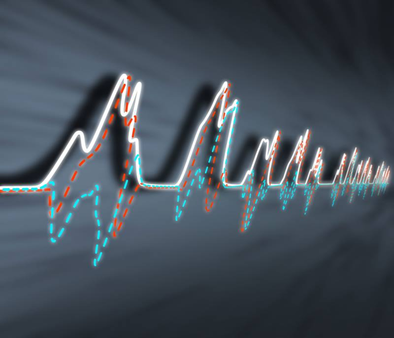 An X-ray pulse (white line) is built from ‘real’ and ‘imaginary’ components (red and blue dashes) that determine quantum effects. A neural network analyzes low resolution measurements (black shadow) to reveal the high-resolution pulse and its components.