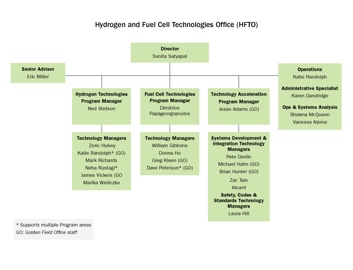 Organization chart of Hydrogen and Fuel Cell Technologies Office federal staff