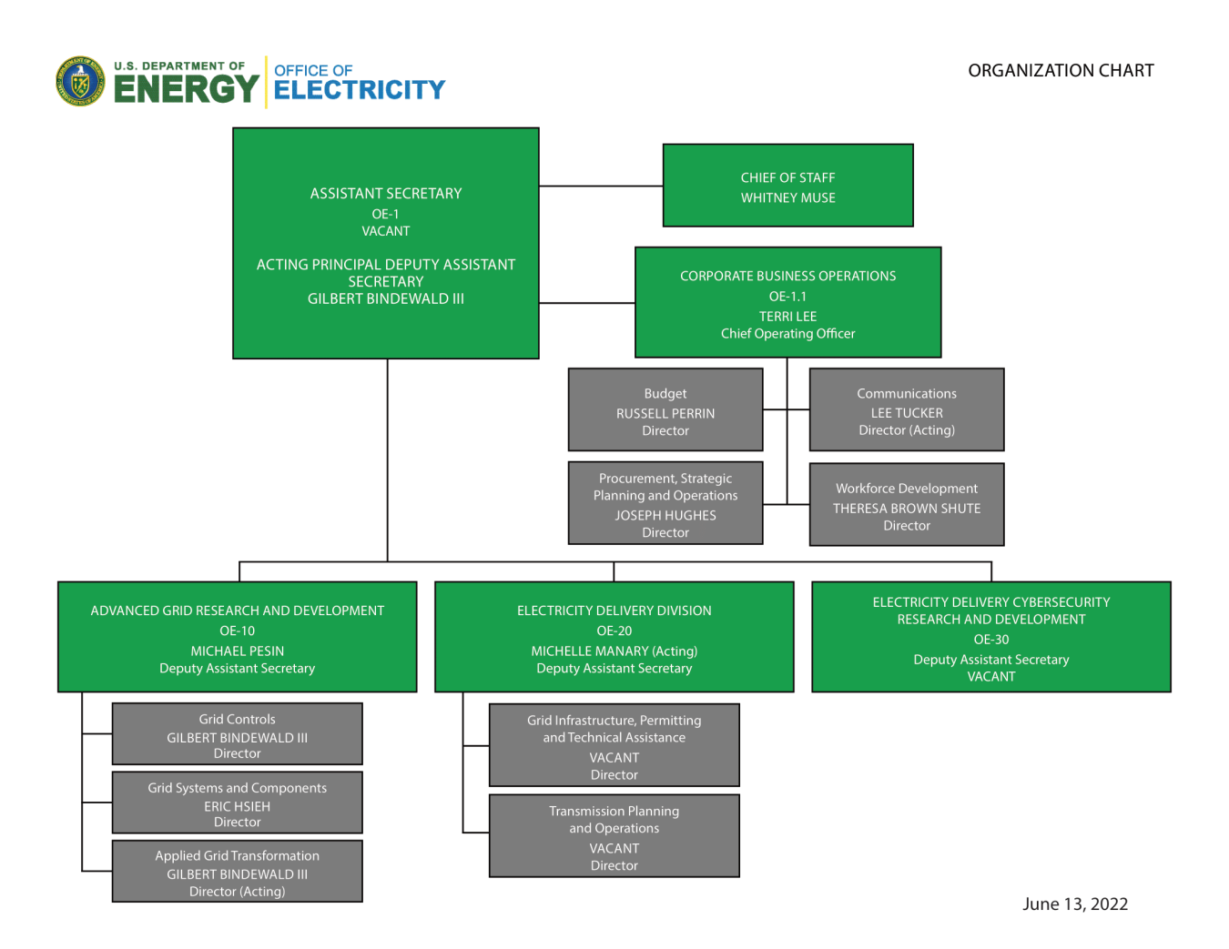 A layout of the OE organizational structure with the OE-1 block and supporting blocks along the top row and the three divisions along the bottom.