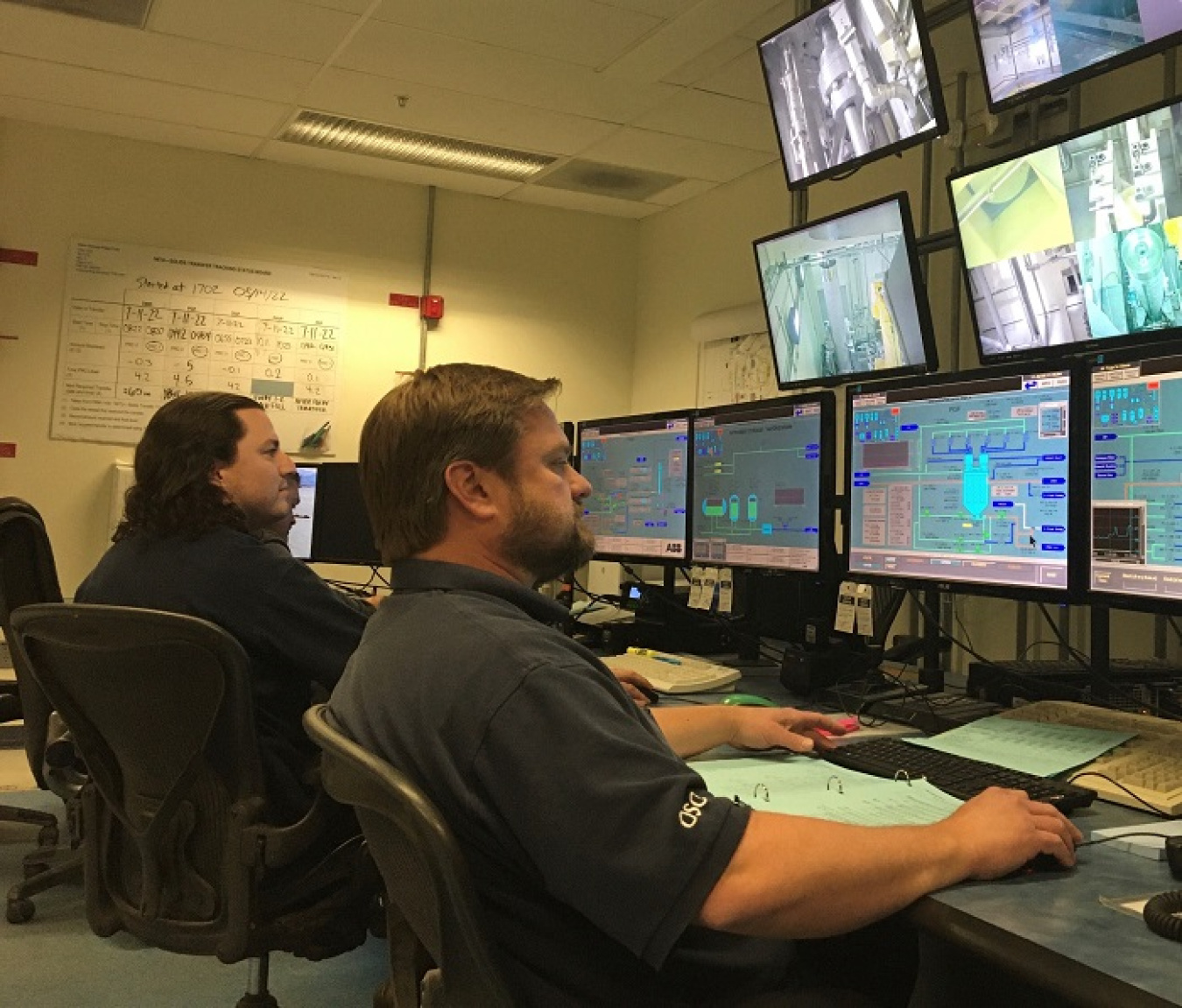 Idaho Environmental Coalition (IEC) operators David Diaz-Jennings, left, and Marc Ridener control and monitor operations during the latest confirmatory run of the Integrated Waste Treatment Unit at DOE’s Idaho National Laboratory Site. 