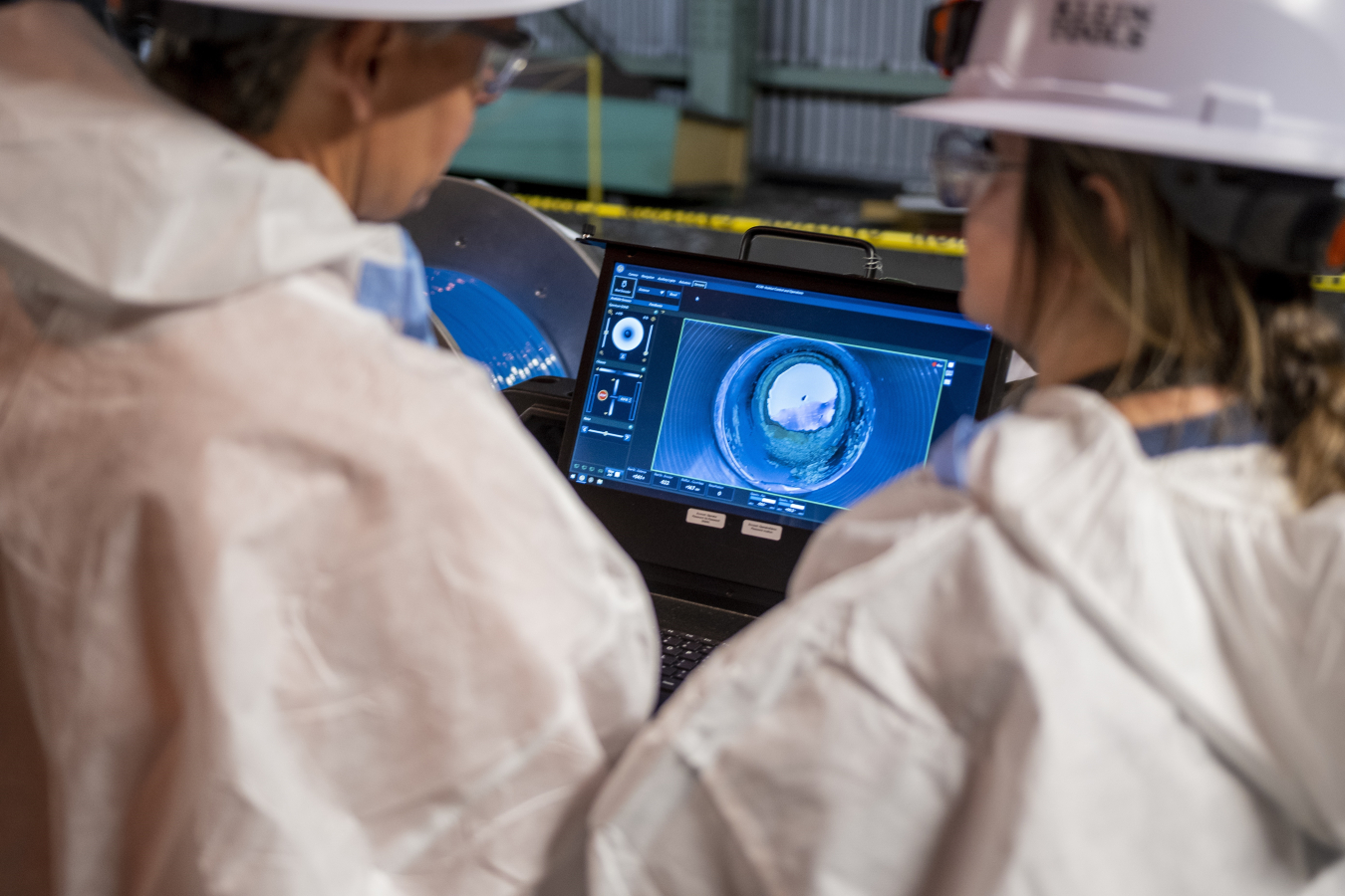 Analysts get a unique view inside process gas piping using the robot pipe crawler’s camera at the Paducah Site.