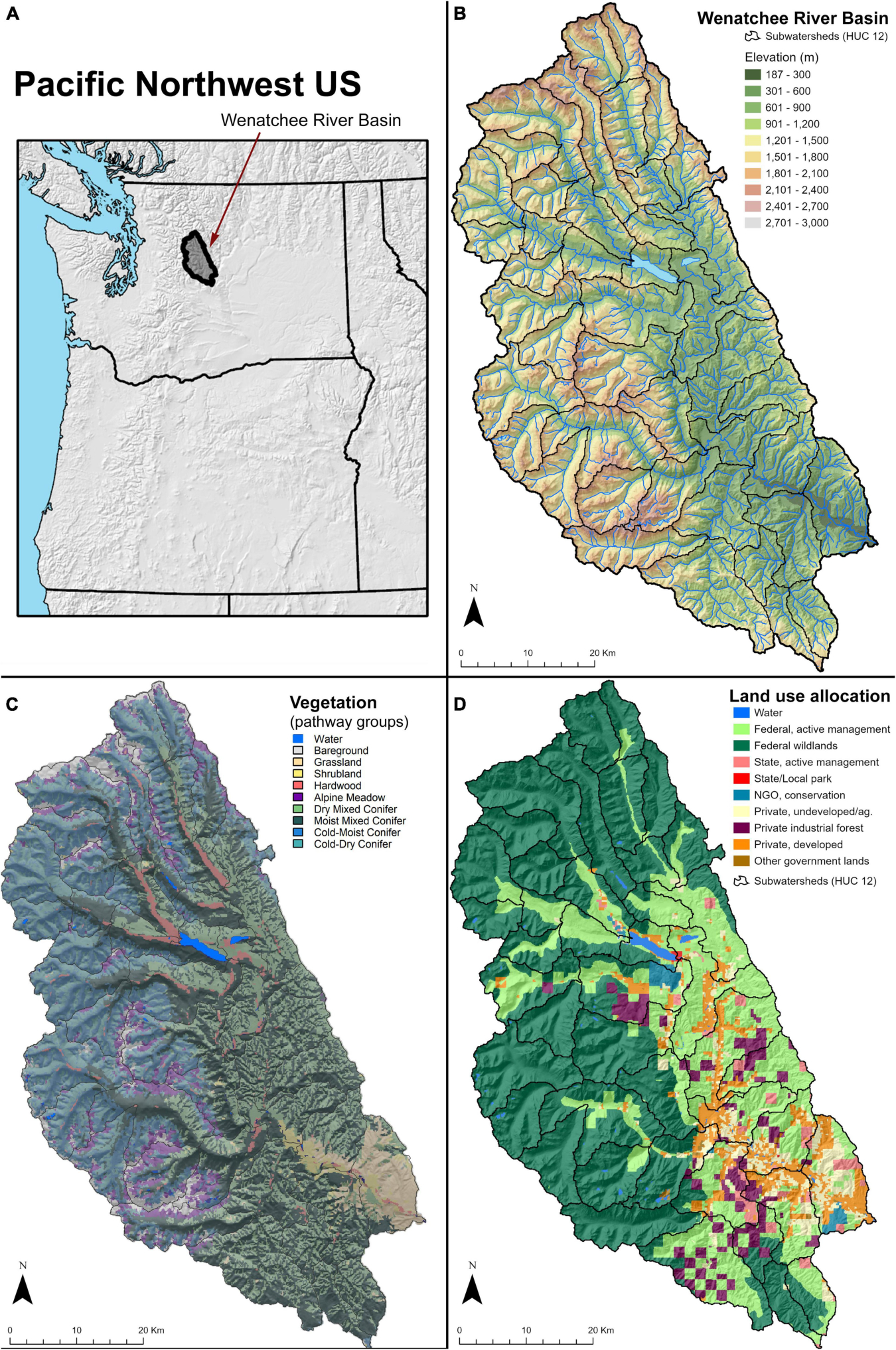 Topography of the Wenatchee River Basin in north-central Washington State, showing location, elevation ranges, diverse vegetation, and land ownership breakdown. 