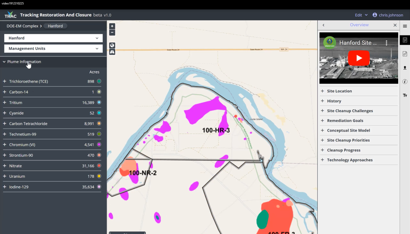 EM’s new Tracking Restoration and Closure application, shown here, displays a chromium groundwater plume at the Hanford Site, with a visual depiction of the plume size shown in purple. Metrics on the plume can be seen at left. Users can select date ranges and view progress in the remediation of groundwater plumes across the DOE complex.