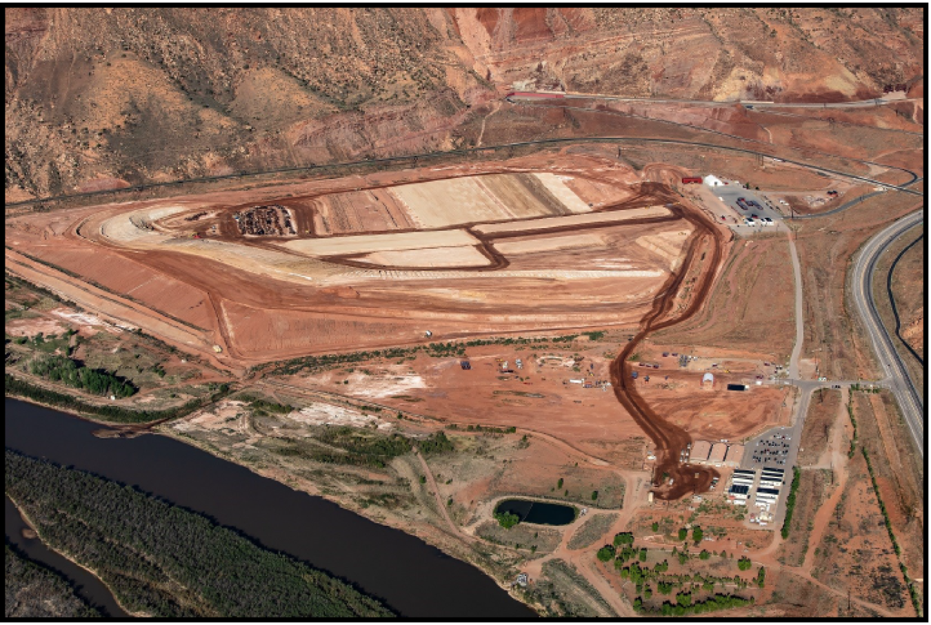 The mill tailings pile from an aerial perspective looking west