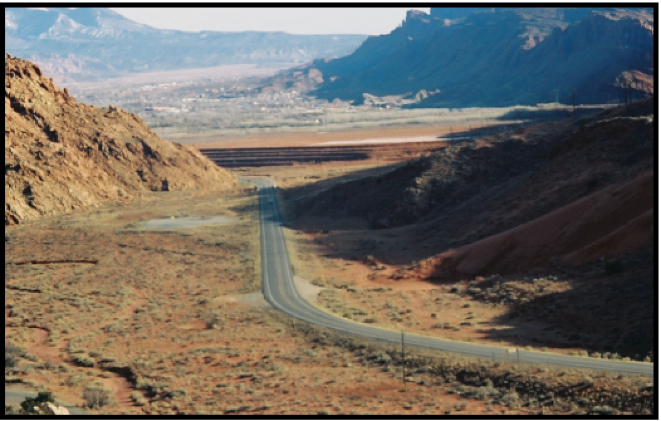 The mill tailings pile visible from Arches National Park