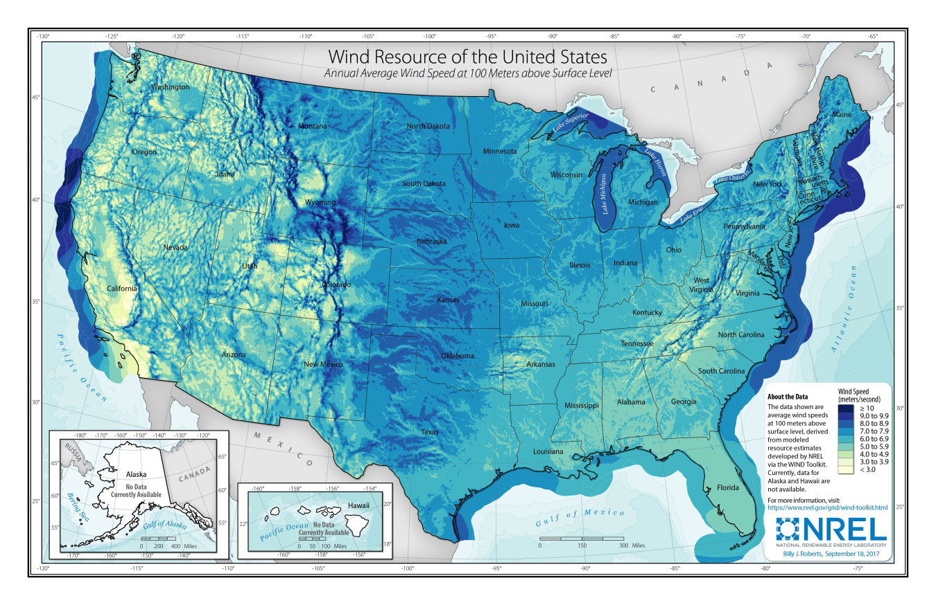 Map showing U.S. Wind Power Resource at 100-Meter Hub Height