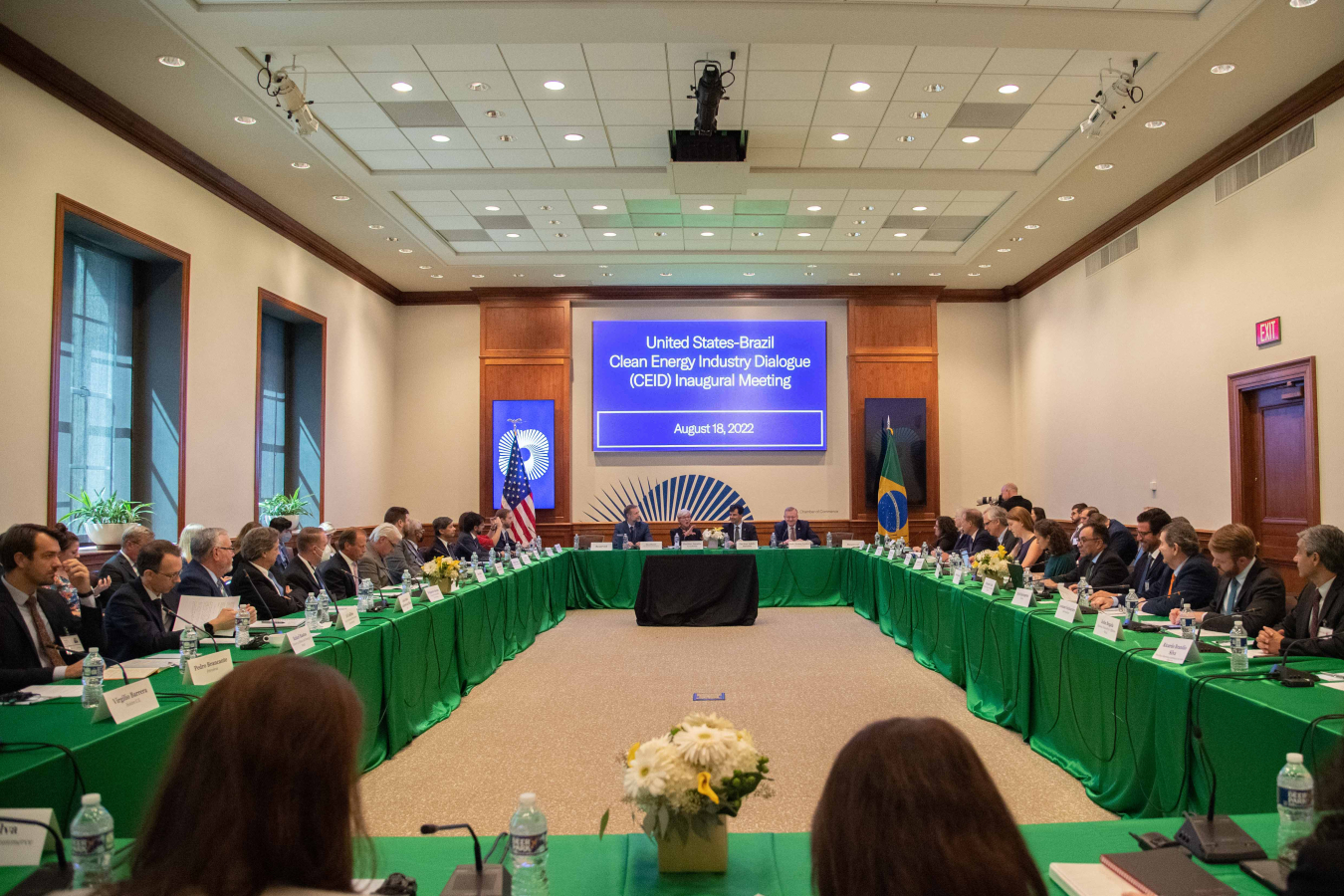 Government officials meet during the inaugural meeting of the United States-Brazil Clean Energy Industry Dialogue (CEID). Those seated at the head table (from left to right) include Dan Byers, Vice President, Climate and Technology, Global Energy Institute at the U.S. Chamber of Commerce; Jennifer Granholm, Secretary, U.S. Department of Energy; Adolfo Sachsida, Minister, Brazilian Ministry of Mines and Energy; and Nestor Forster, Ambassador of Brazil in the United States.