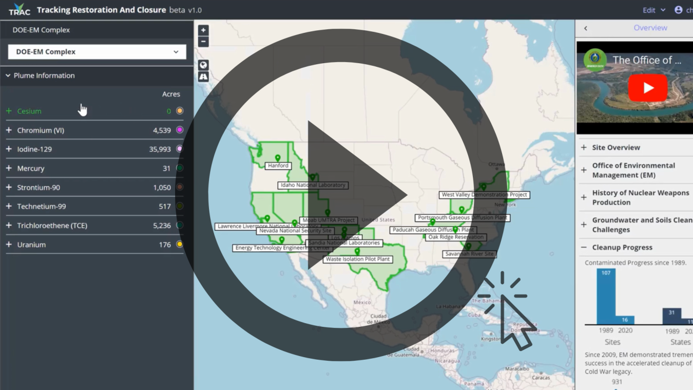 In this brief video, Christian Johnson, senior development engineer with Pacific Northwest National Laboratory, guides viewers through EM’s new Tracking Restoration and Closure web-based application, scheduled for release to the public in October.