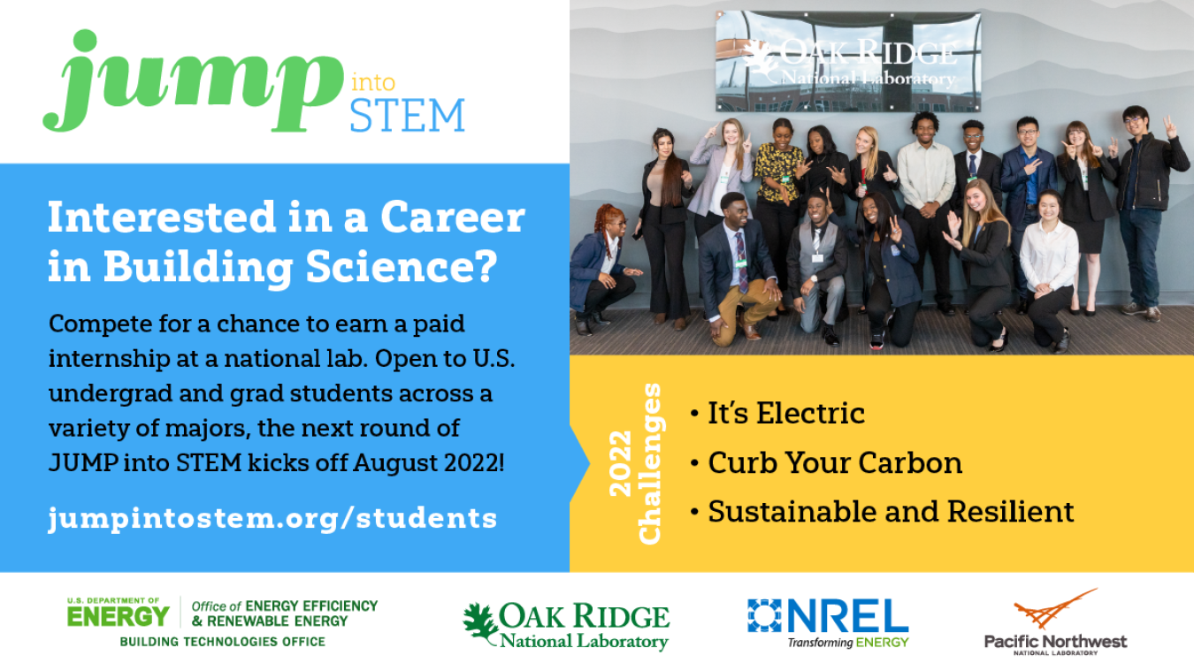 Jump Into STEM infographic with 2022 challenges: It's Electric, Curb Your Carbon, Sustainable and Resilient.