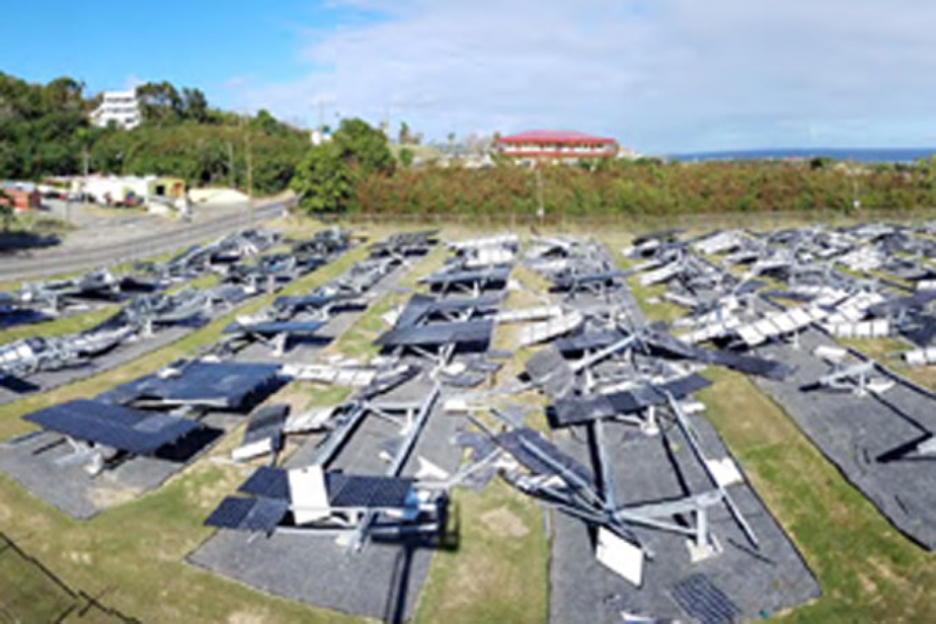 Solar panels damaged from a severe storm.