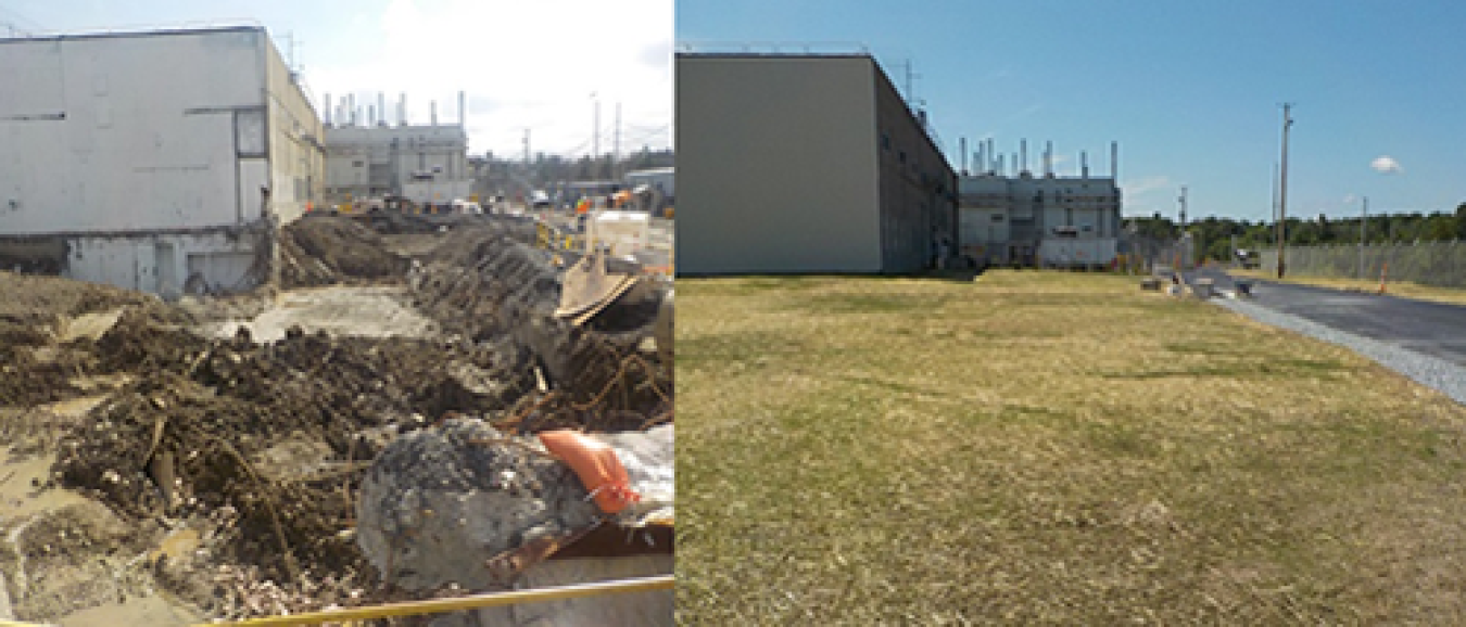 Before and after photos of the Separations Process Research Unit building demolition and site restoration fieldwork.