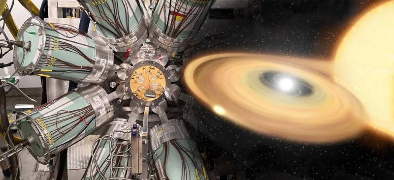 The Gaseous Detector with Germanium Tagging (GADGET) used at the National Superconducting Cyclotron Laboratory for the present experiment (left). Artist’s depiction of an accreting white dwarf star prior to a nova explosion (right).