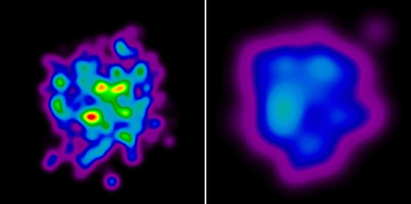 A model assuming smaller protons and neutrons and a “lumpier” arrangement of these building blocks (left) fits experimental data on the initial energy density in heavy ion collisions better than a model with larger protons and neutrons and a smoother structure (right).