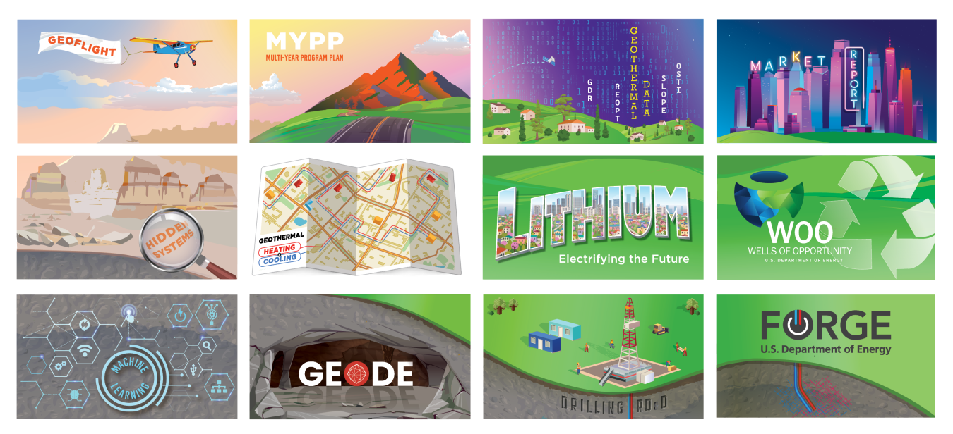 12 postcard depictions of various geothermal areas of interest laid out in a 4x3 grid from top left to bottom right., Geoflight, MYPP (Multi-Year Program Plan), Geothermal Data, Market Report, Hidden Systems, Geothermal Heating & Cooling, Lithium - Electrifying the Future, WOO - Wells of Opportunity, Machine Learning, GEODE, Drilling RD&D, and FORGE.