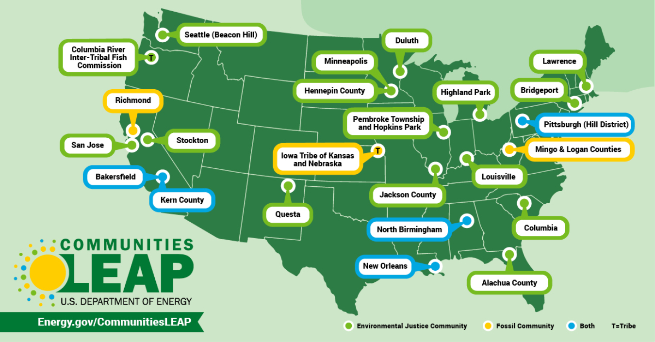 A map of the United States, showing all 24 communities for the Communities LEAP pilot program.