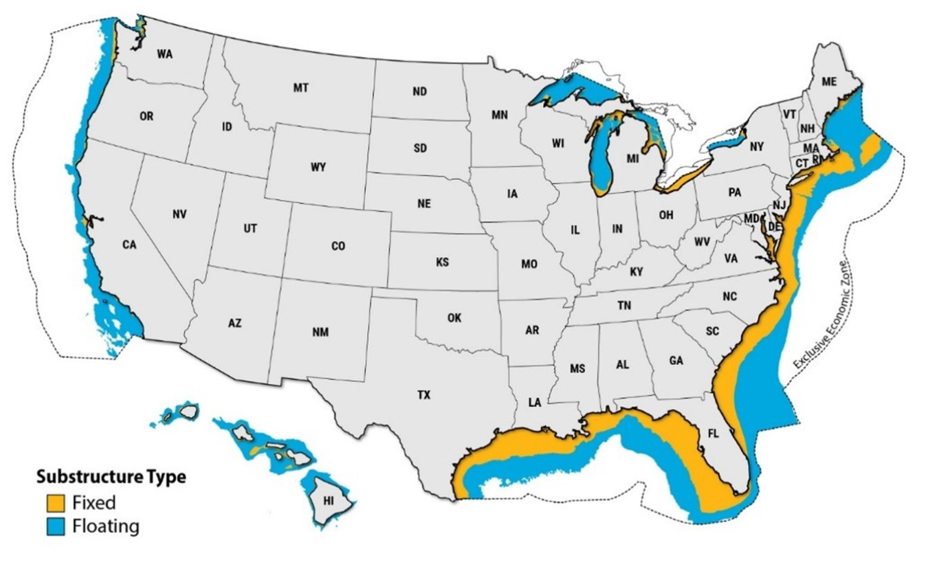 Map of the United States showing floating offshore wind energy potential.