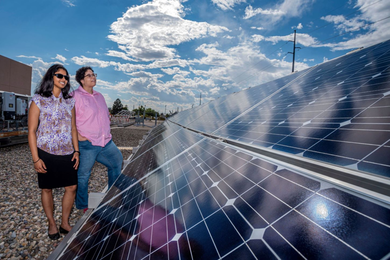 Two scientists look towards an array of solar panels
