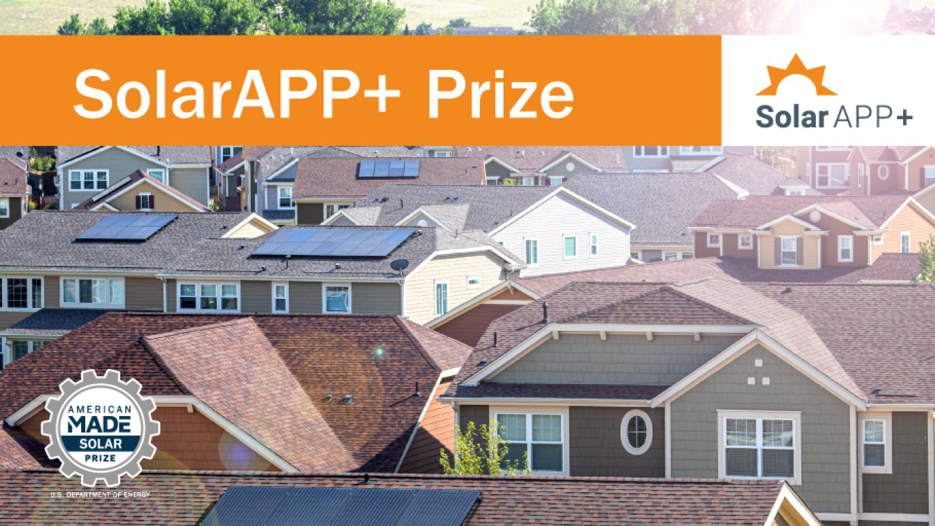 Text that says "SolarAPP+ Prize" on a photo of houses with solar panels