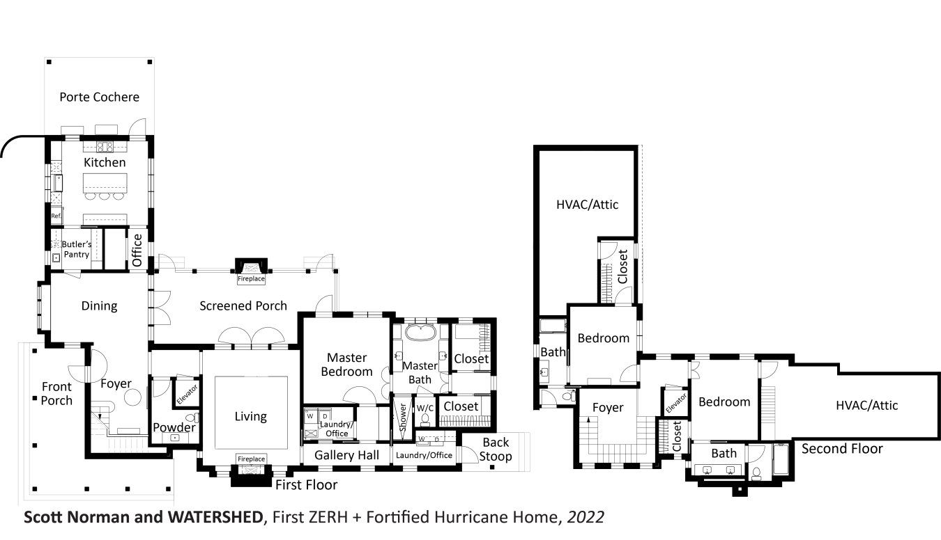 Floorplans for First ZERH + Fortified Hurricane Home by Scott Norman and WATERSHED.