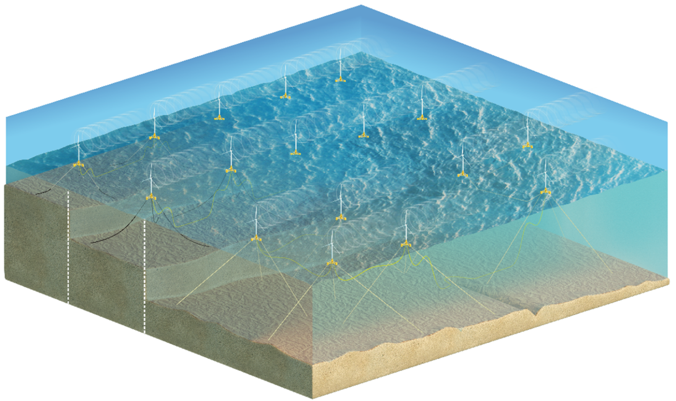 An illustrated array of floating wind turbines with mooring lines and power cables.