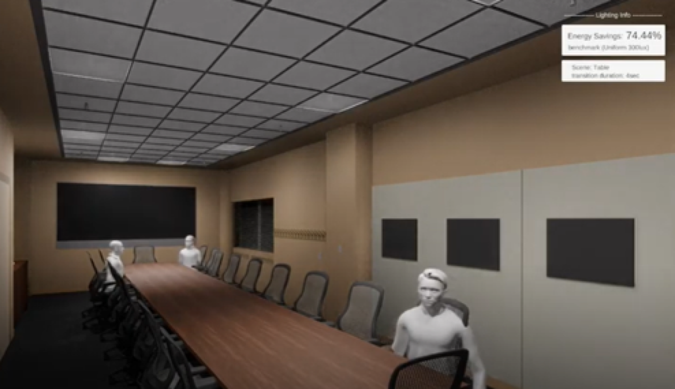 Unity simulation of the conference room testbed with 8 programmable 2x2 troffers installed.