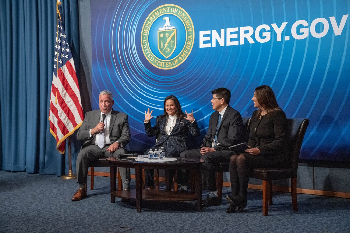 Left to Right: Jose Delgado, Deputy Director, Counterintelligence Office of Intelligence and Counterintelligence, Dr. Beatriz Cuartas NGFP Federal Program Manager & MSIPP Federal Director National Nuclear Security Administration Co-President-(CALDOE), Edward Rios Commercialization Executive Office of Technology Transitions and Carla Piedra Statistician/Project Manager Office of Survey Operations Energy Information Administration during DOE’s Hispanic Heritage Month panel discussion.