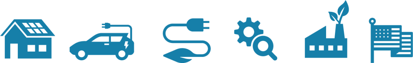 Icons for clean power, vehicles, home upgrades, R&D, industry, and clean technologies.