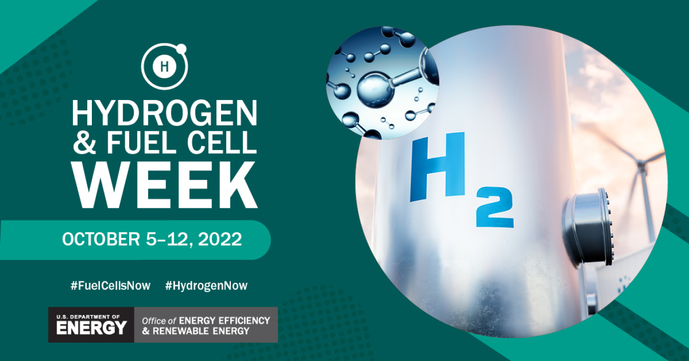 Illustration of hydrogen molecules and an H2 storage tank with text: Hydrogen & Fuel Cell Week October 5-12, 2022