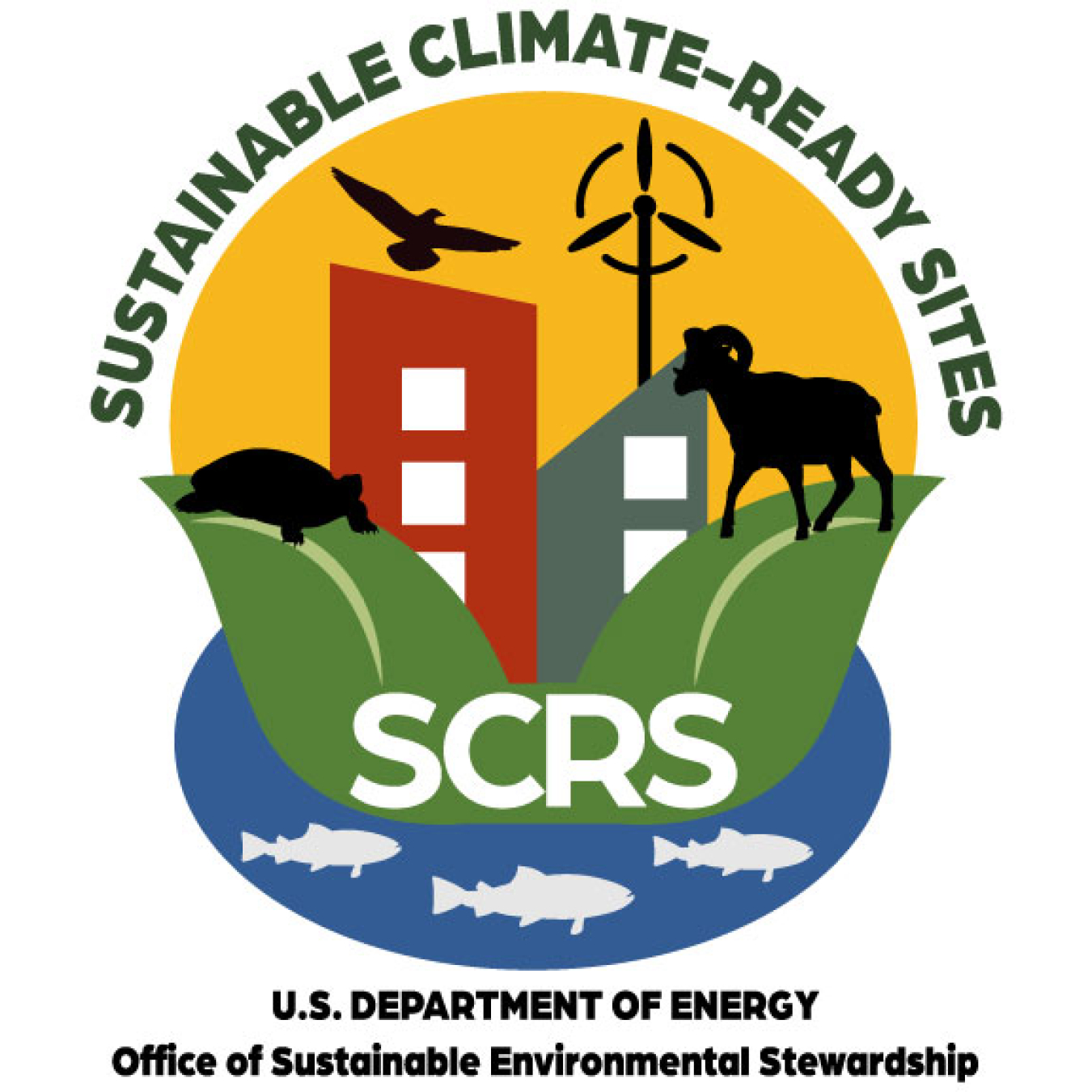 Logo representing buildings, animals, plants, water for sustainable climate environments