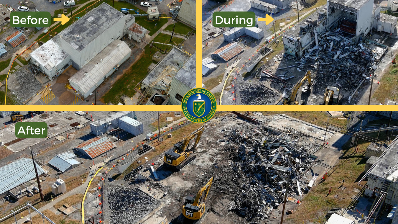 An aerial look at the progress of the teardown of the Bulk Shielding Reactor in the central campus of Oak Ridge National Laboratory from start to finish.