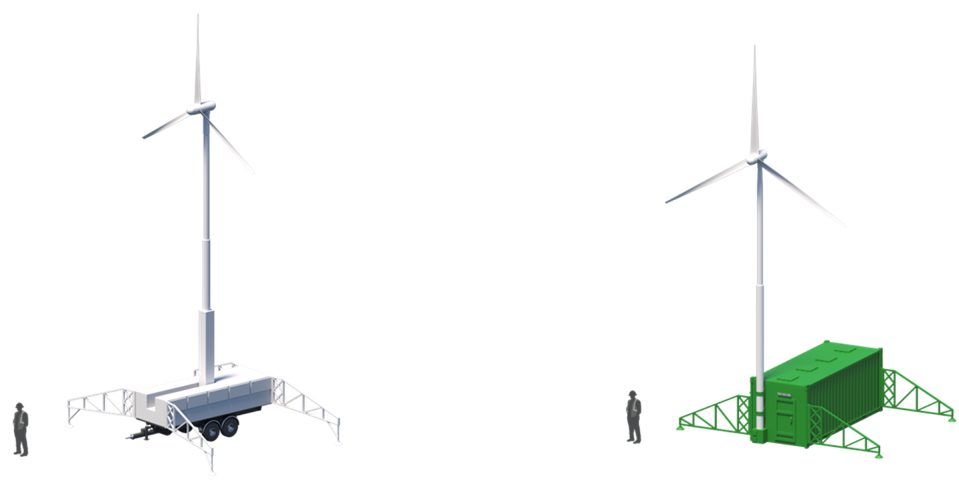 A graphic of two methods for installing wind turbines on shipping containers.