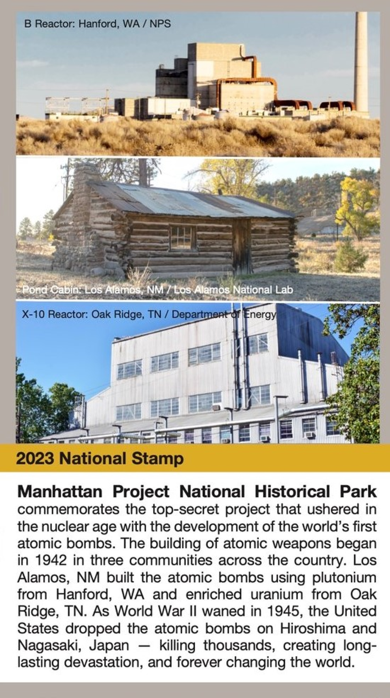 A closeup view of the large center stamp featuring the Manhattan Project National Historical Park in the 2023 Passport to Your National Parks Stamp Set, a collection of 10 stamps honoring national parks.