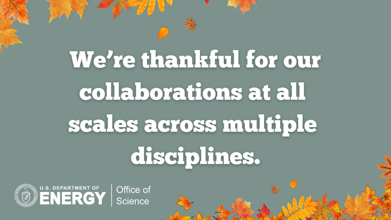 A Thanksgiving Card that reads "We're thankful for our collaborations at all scales across multiple disciplines" with images of leaves on the top and bottom of the card.