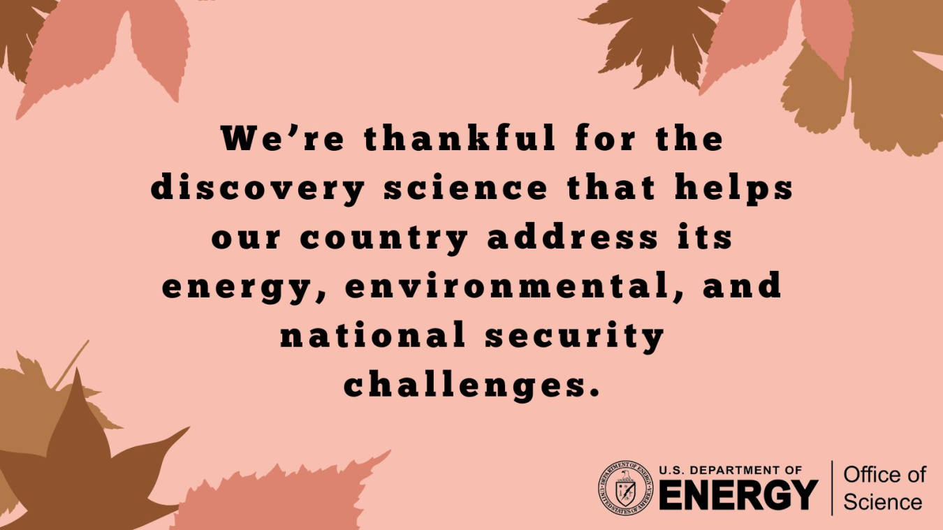 A Thanksgiving Card that reads "We're thankful for the discovery science that helps our country address its energy, environmental, and national security challenges" with images of leaves on the top and bottom of the card.