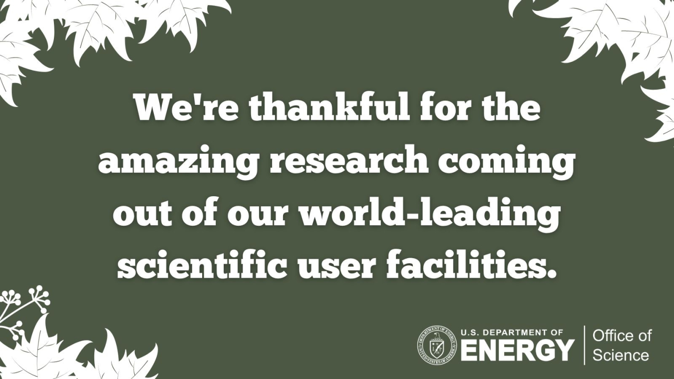 A Thanksgiving Card that reads "We're thankful for the amazing research coming out of our world-leading scientific user facilities" with images of leaves on the top and bottom of the card.