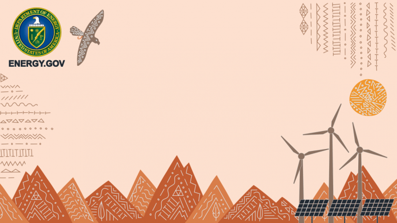 Native American Heritage Month illustration with mountains, wind turbines, solar panels, and large bird in the sky.