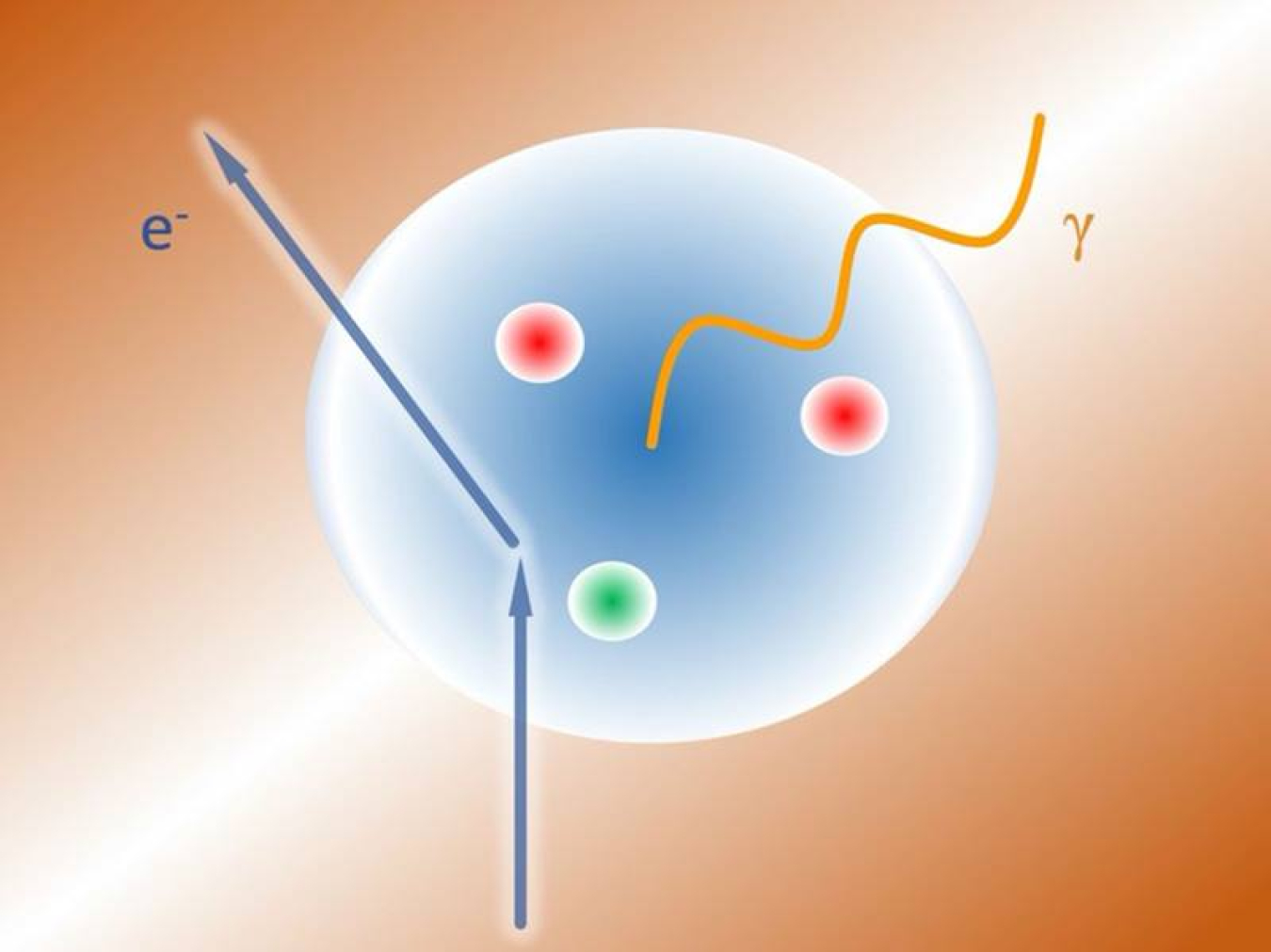 A beam of electrons (e-) scatters from a proton (the sphere with two “up” quarks in red and one “down” quark in green) with enough energy to produce a photon (γ ). This exposes the proton’s internal structure to the electromagnetic field of the photon.