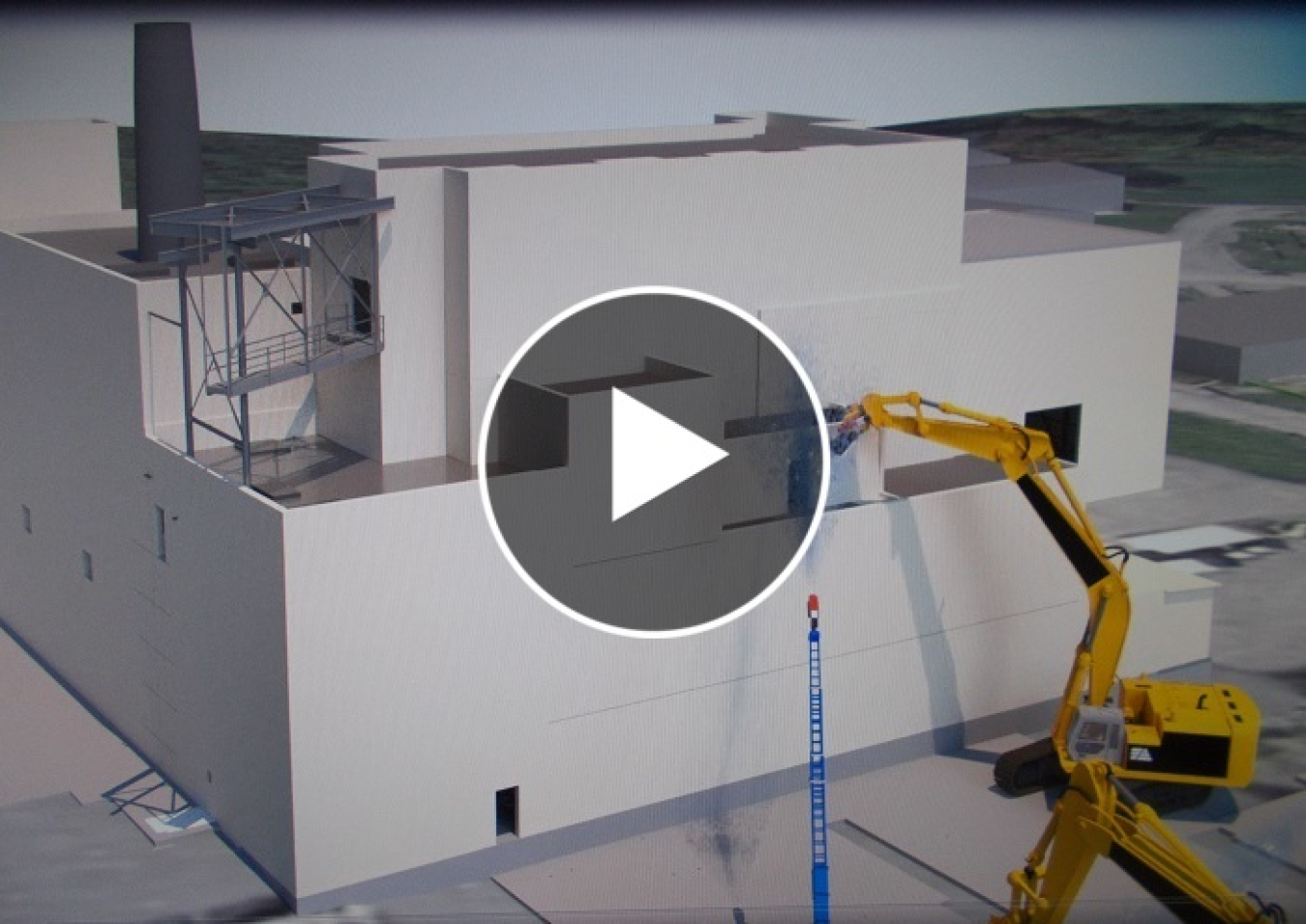 A frame from EM West Valley Demonstration Project’s new animation of the Main Plant Process Building demolition depicts how the facility will be taken down one area at a time to ensure safety and stability of the building. 