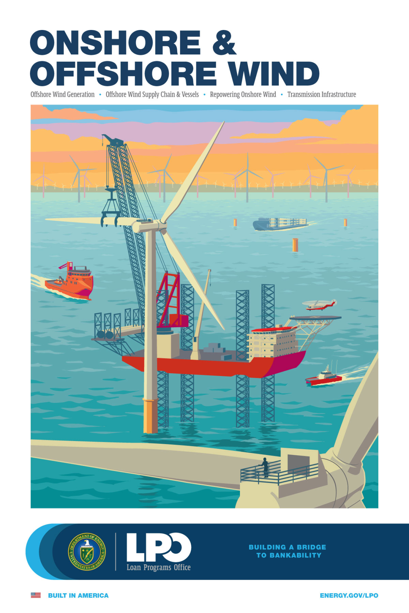 Illustration of offshore wind farm under construction with onshore wind farm in the background